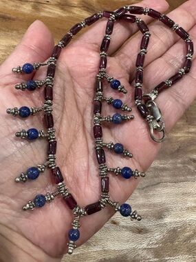 Vintage Garnet & Lapis 925 Silver Necklace India 27g